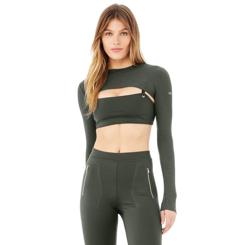 Alo Yoga Thrill Seeker Dark Cactus Green Ribbed Long Sleeve Cutout Crop